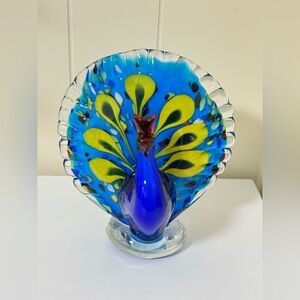 Vintage Dale Tiffany Vibrant Blue and Yellow Peacock Glass Art